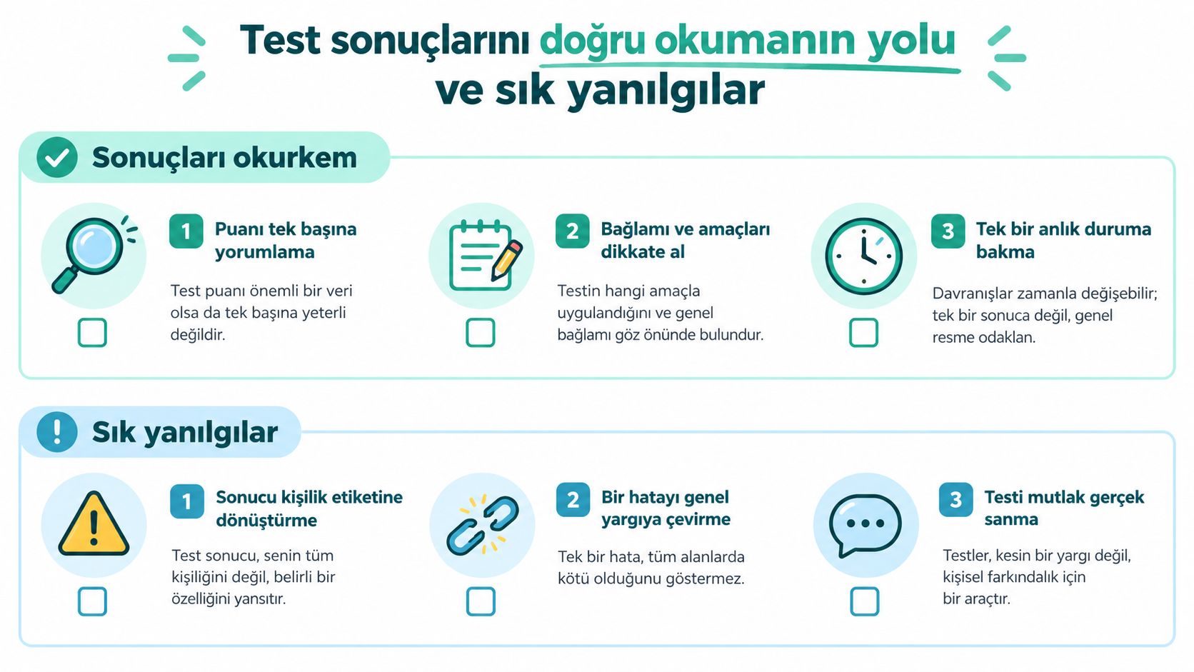 Test sonuçlarını doğru okuma yolları ve kaçınılması gereken yaygın hataları gösteren bilgilendirici bir infografik görseli.
