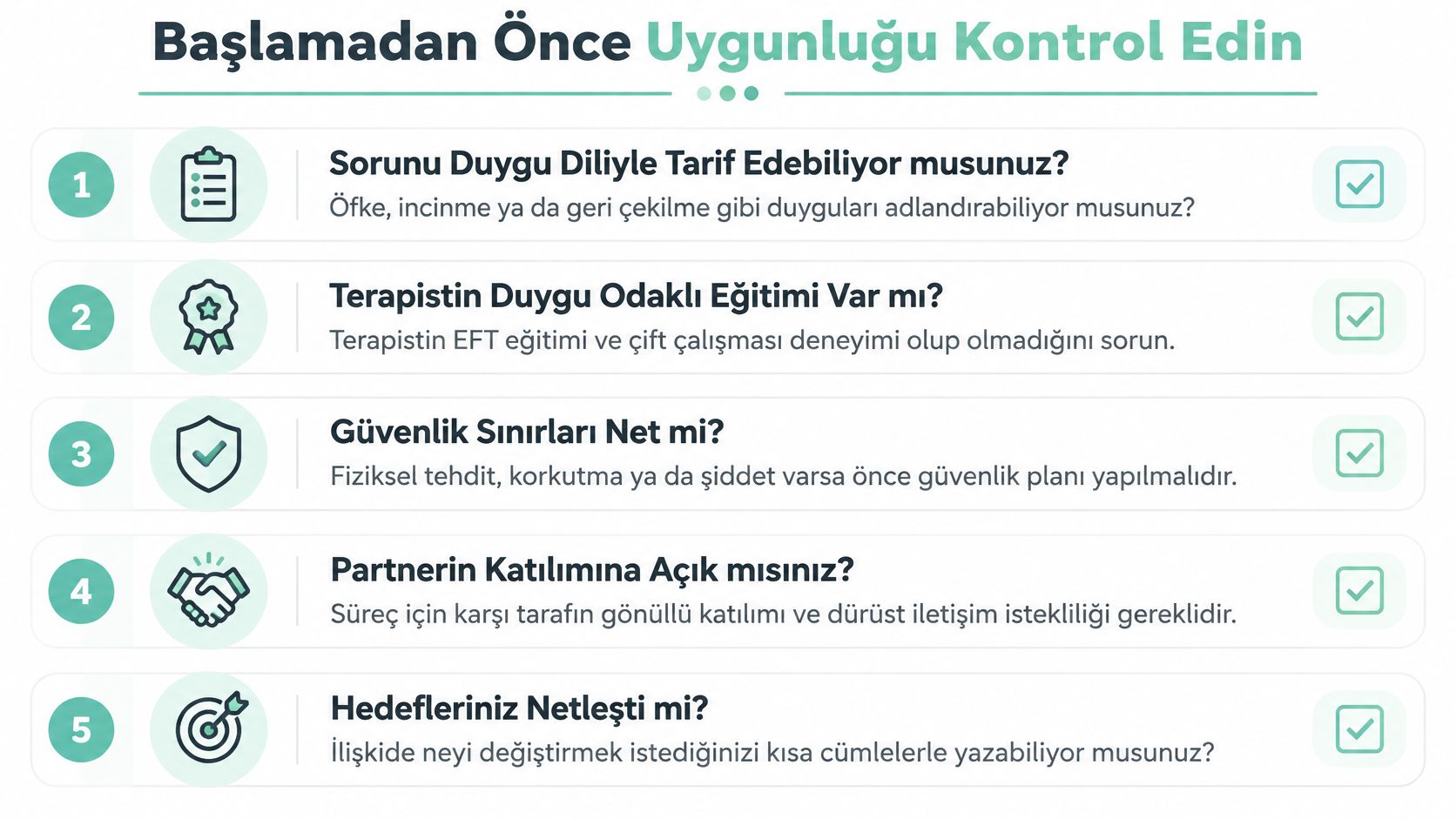 Duygu odaklı terapi sürecine başlamadan önce kontrol edilmesi gereken beş önemli maddeyi listeleyen bilgilendirici görsel.