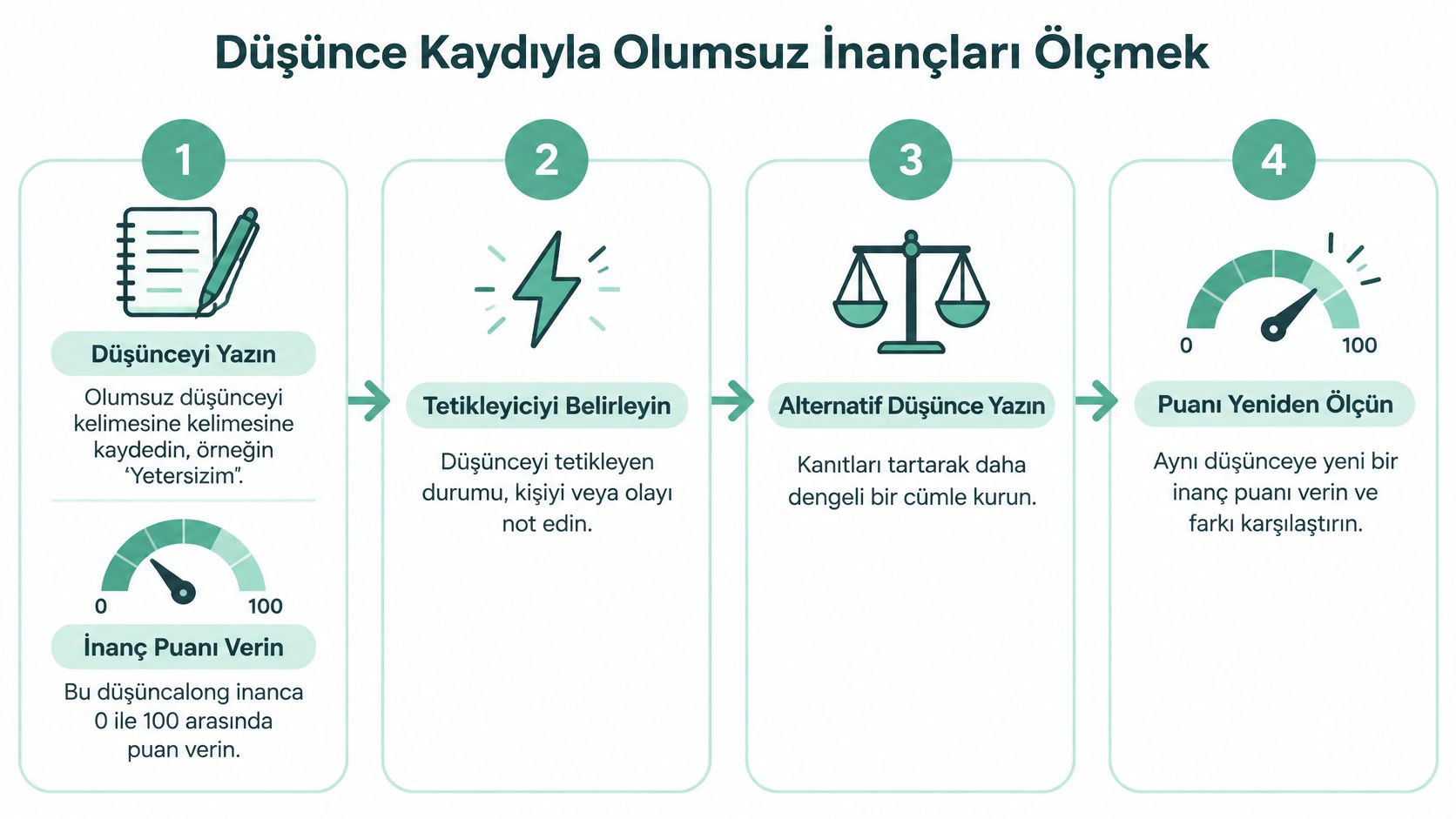 Düşünce kaydı ile olumsuz inançları ölçmeyi ve değiştirmeyi gösteren dört adımlı bir psikolojik yöntem infografiği.