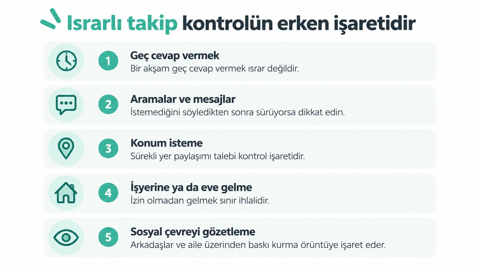 İlişkilerde kontrolcü davranışların erken belirtilerini ve ısrarlı takip risklerini gösteren bilgilendirici bir infografik görseli.